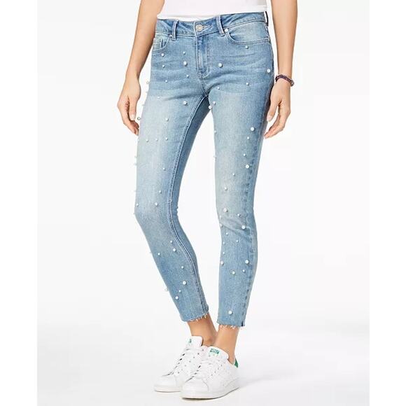 Indigo Rein Blue Pearl Embellished Denim Raw Hem Skinny Jeans Junior's Size 1 - Picture 1 of 10